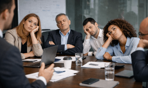 Warum Führung nicht funktioniert: 10 klare Anzeichen Teammeeting ohne klare Führung, Teilnehmer wirken gelangweilt und orientierungslos