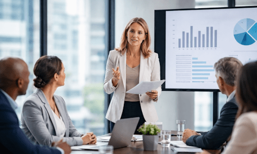 Führungskraft präsentiert in einer Besprechung vor Team – Thema Ideenklau durch Vorgesetzte